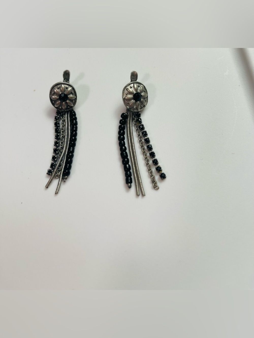 Vintage Black and Silver Beaded Tassel Drop Earrings